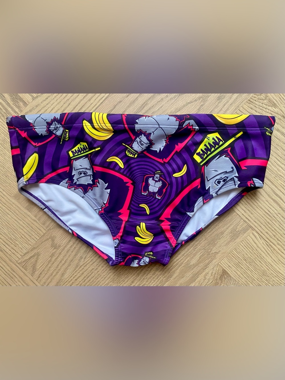 Men's Purple Graphic Swim Trunks with Banana & Gorilla Print